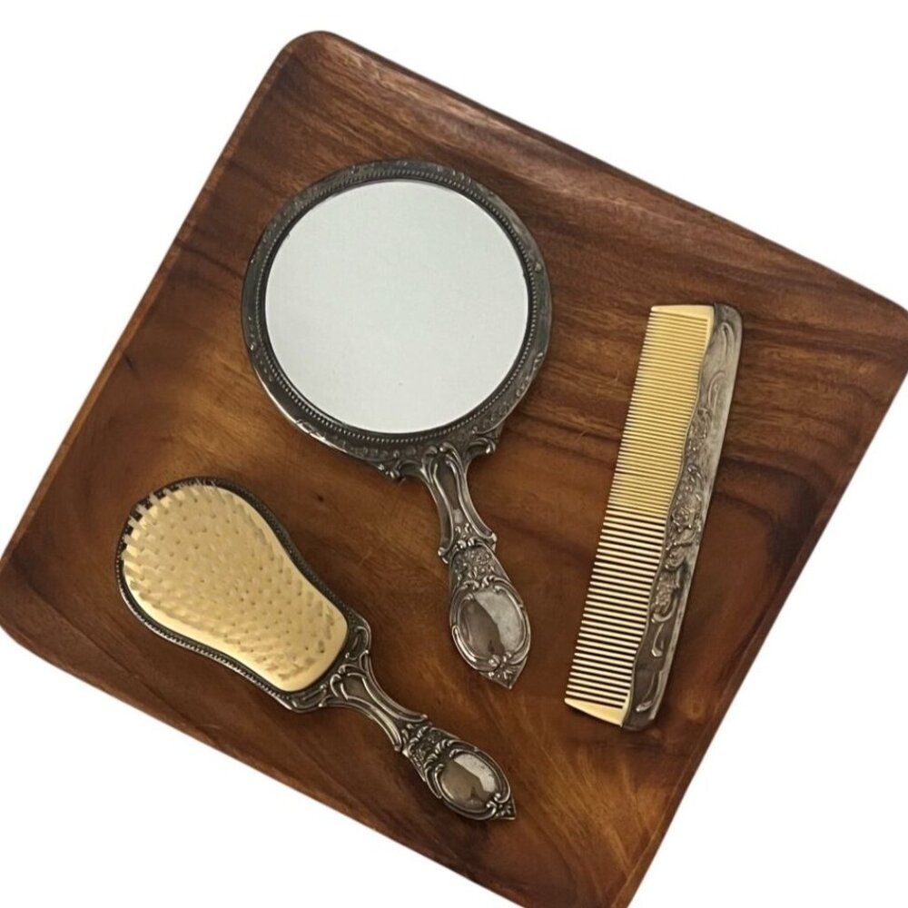 Vintage Silver-Plated Vanity Set Mirror Brush Comb Dressing Table Set - Picture 2 of 12